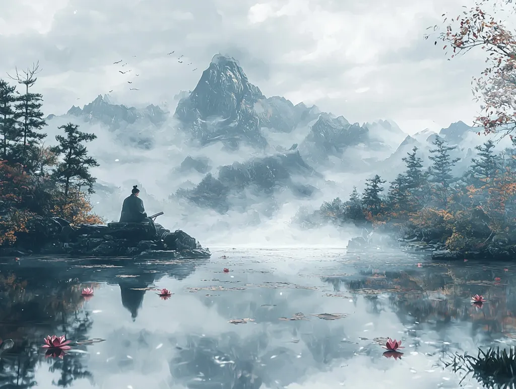 A serene digital painting depicts a lone figure, possibly a samurai, seated on a rock overlooking a tranquil lake.  Misty mountains rise majestically in the background, their peaks shrouded in clouds.  The water reflects the scene, mirroring the mountains and the lone figure, interspersed with delicate pink water lilies.  The overall atmosphere is peaceful and contemplative, with a muted color palette emphasizing the stillness of the scene.  Autumnal hues are subtly present in the surrounding foliage.