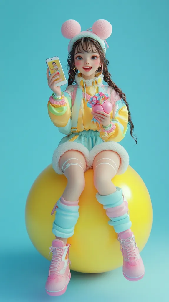 A 3D-rendered image of a cute anime-style girl with pink mouse ears and pastel clothing sits on a large yellow ball. She holds a smartphone displaying another image and pastel-colored candy hearts. Her outfit includes a fluffy jacket, short shorts, and high pink boots with light blue leg warmers. The backdrop is a light blue, creating a vibrant and playful scene.