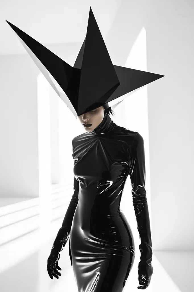A model in a sleek, black latex dress stands against a stark white backdrop.  She wears a striking, angular black and white hat that resembles a geometric star, obscuring her eyes.  The overall aesthetic is futuristic and minimalist, with the sharp lines of the hat contrasting with the form-fitting dress.  The image is sharply focused, emphasizing the glossy texture of the dress and the precise angles of the hat.  The lighting is dramatic, highlighting the model's pose and the bold fashion statement.