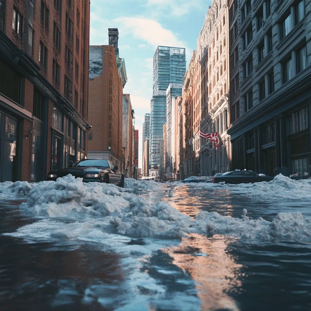 A city street, lined with old brick buildings and modern skyscrapers, is submerged in floodwater.  Snow drifts partially cover the water, creating a surreal winter scene.  Cars are partially submerged, highlighting the severity of the flood.  A small American flag hangs from a building, adding a touch of patriotism against the backdrop of urban chaos.  The scene evokes a sense of both beauty and disaster.