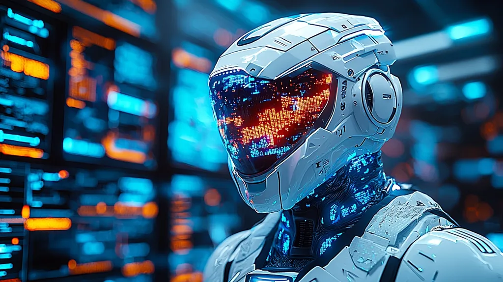 The image showcases a futuristic robot, its white helmet and suit adorned with glowing blue and orange digital patterns. The visor displays a matrix of vibrant red and blue lights. The robot stands before a blurred background of large screens filled with scrolling, multicolored code, suggesting a technological or cybernetic environment. The overall aesthetic is sleek, high-tech, and slightly ominous.