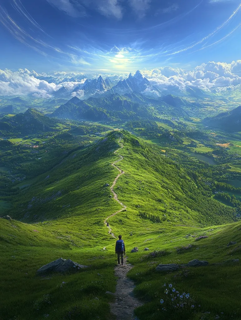 A solitary hiker walks a winding mountain path, their journey leading towards majestic, snow-capped peaks piercing a vibrant blue sky. Lush green hills roll down to a valley, dotted with villages and fields.  Clouds drift lazily below the mountain range, creating a breathtaking panorama of serene beauty. The scene evokes a sense of adventure and the vastness of nature.