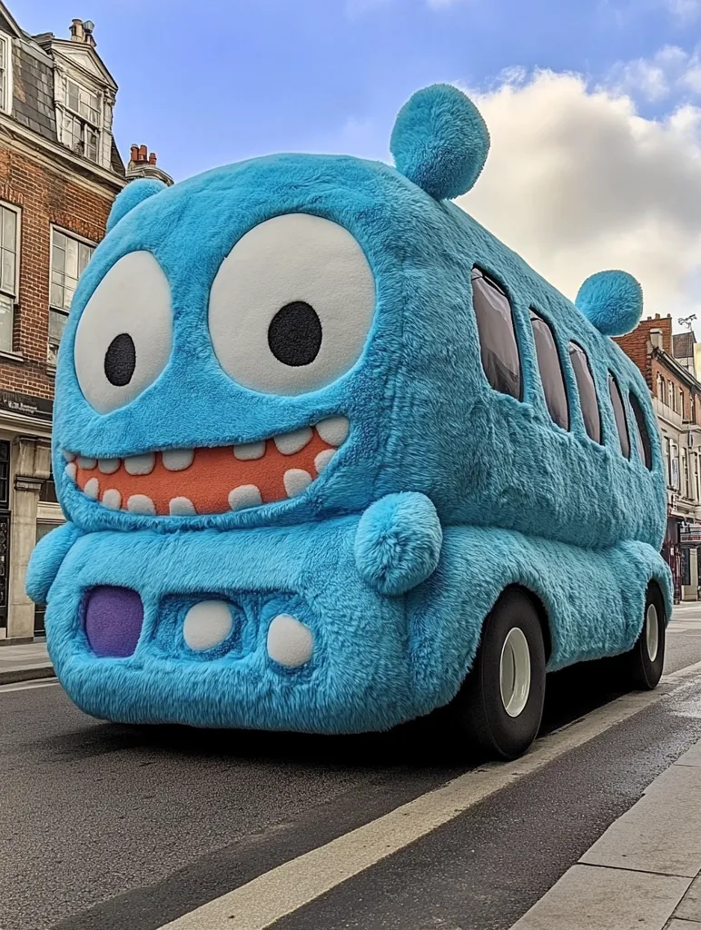 Here's a description of the image:

A giant, fluffy, light-blue monster-bus sits on a city street.  Its design is whimsical, featuring large, expressive eyes, a wide, toothy grin, and furry texture. The bus has a distinct shape, resembling a cartoon character more than a typical vehicle.  It’s parked on a street with a pale yellow line marking the road edge, with brick buildings visible in the background.  The overall impression is one of playful, large-scale art.
