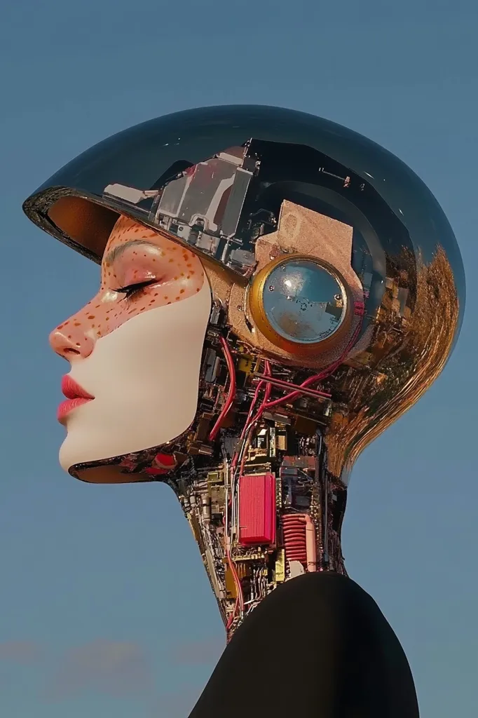 The image showcases a striking digital rendering of a female cyborg. Her face, seemingly human, is partially obscured by a sleek, metallic helmet that reveals intricate internal circuitry and wiring throughout her neck. The helmet reflects the clear blue sky, creating a contrast between organic and artificial elements.  The cyborg's expression is serene, despite her partially mechanized appearance, suggesting a blend of humanity and technology. The overall aesthetic is futuristic and stylish.