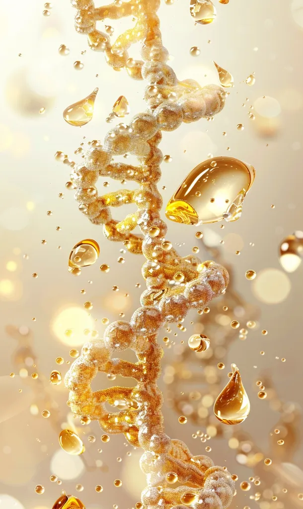 A shimmering, golden DNA double helix descends through a field of glistening, amber droplets.  The image is stylized, with a soft, light background enhancing the luxurious appearance of the DNA strand and the suspended oil-like globules.  The overall impression is one of elegance and scientific advancement, potentially representing a cosmetic or medical product focusing on genetic health or cellular repair.