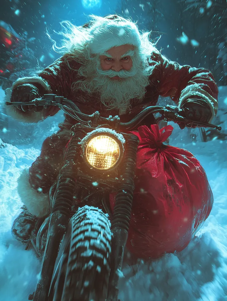 A dynamic image depicts Santa Claus, his beard and hair windswept, riding a powerful motorcycle through a snowy landscape.  He grips the handlebars, a large red sack of gifts secured behind him.  The scene is bathed in a cool, blue light, enhanced by falling snow, creating a thrilling and unconventional Christmas setting.  The overall mood is one of adventurous urgency and festive spirit.