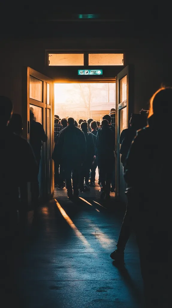 Here's a description of the image:

A dimly lit interior hallway opens onto a brightly lit outdoor space through a doorway.  A crowd of people, silhouetted against the sunlight, stands outside.  The people inside the hallway are also largely obscured by shadow, only their shapes visible.  Sunlight streams into the hallway, creating distinct beams of light on the floor. The scene suggests a transition from darkness to light, or a movement from indoors to outdoors, possibly an exit from a building.  The overall mood is mysterious and somewhat dramatic.