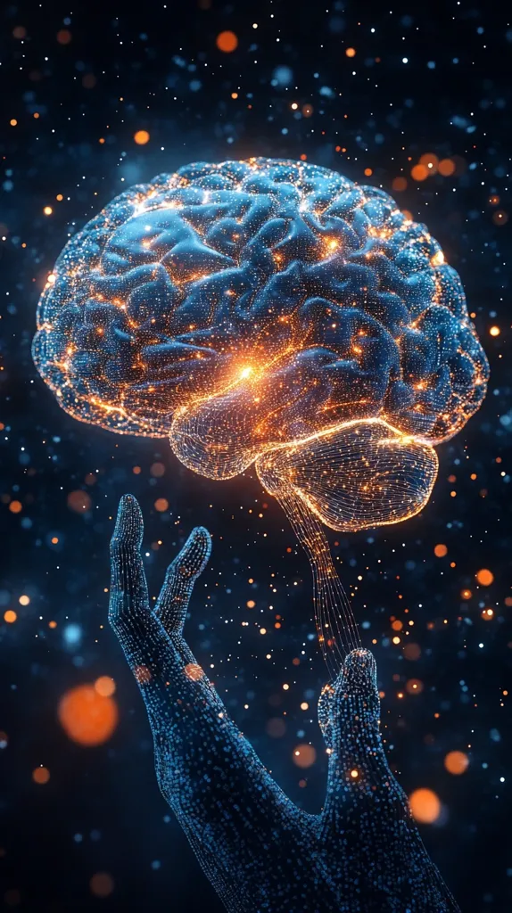 A digital rendering depicts a human hand, formed from a constellation of glowing blue and orange particles, gently cradling a similarly constructed brain.  The brain pulses with inner light, its intricate structure highlighted by the sparkling network. The background is a dark, cosmic expanse scattered with twinkling lights, creating a surreal and ethereal atmosphere.  The image suggests the delicate nature of the mind and its connection to the universe.