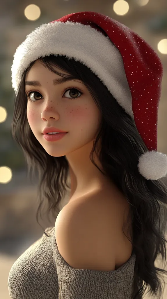 Here's a description of the image:

Close-up view of a digitally rendered young woman with long, dark brown, wavy hair. She's wearing a red and white Santa hat with a fluffy white brim and a light grey off-the-shoulder sweater. Her skin is fair with subtle freckles and rosy cheeks, giving her a youthful and charming look. Her eyes are large and expressive, and she has a soft, gentle expression. The background is blurred, featuring warm, out-of-focus lights suggesting a festive or Christmas-themed setting. The overall style is realistic, yet the features are slightly stylized, hinting at a digital art creation.