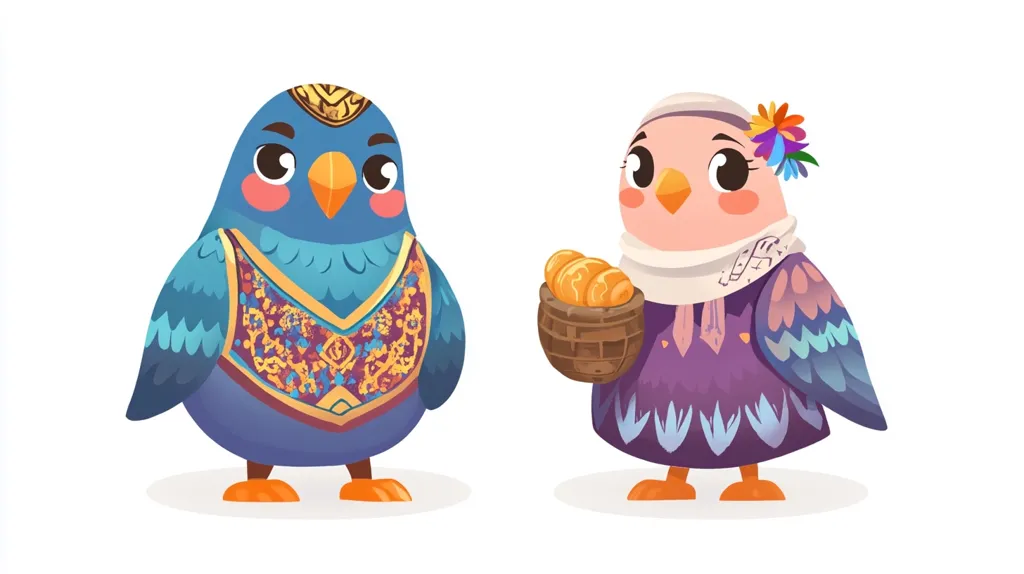 Here's a description of the image:

The illustration shows two cartoon birds, seemingly male and female, dressed in traditional clothing.  The male bird, predominantly blue, wears a richly patterned vest. The female bird, in shades of pink and purple, carries a small basket of golden-orange objects, possibly bread or fruit.  Both birds have large, expressive eyes and are depicted in a whimsical, folk-art style against a plain white background.  Their attire suggests a cultural theme, possibly Central Asian or Middle Eastern.