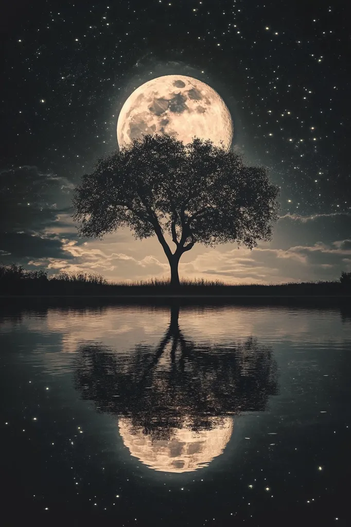 A serene nightscape unfolds, featuring a large, luminous full moon dominating a star-studded sky.  A solitary, silhouetted tree stands on the edge of a calm body of water, its reflection mirroring the scene perfectly. The tranquil atmosphere evokes a sense of peace and wonder, highlighting the beauty of nature under a magical moonlit sky. The image is composed symmetrically, with the tree and moon acting as central focal points.