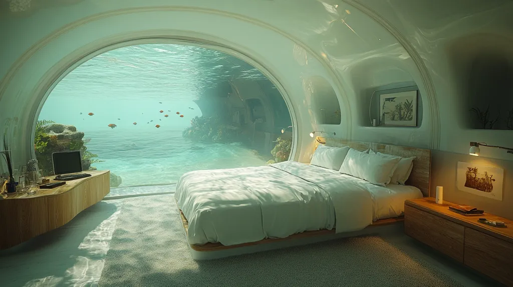 This image depicts a serene underwater bedroom.  A large, circular window dominates one wall, offering a breathtaking view of a vibrant coral reef teeming with fish.  A neatly made bed with white linens sits centrally,  flanked by wooden nightstands and subtle lighting.  The room's curved walls and pale color palette create a calming, futuristic ambiance.  A small wooden desk with a computer sits near the window, adding a touch of functionality to the tranquil space. The overall impression is one of luxury and unique, tranquil underwater living.