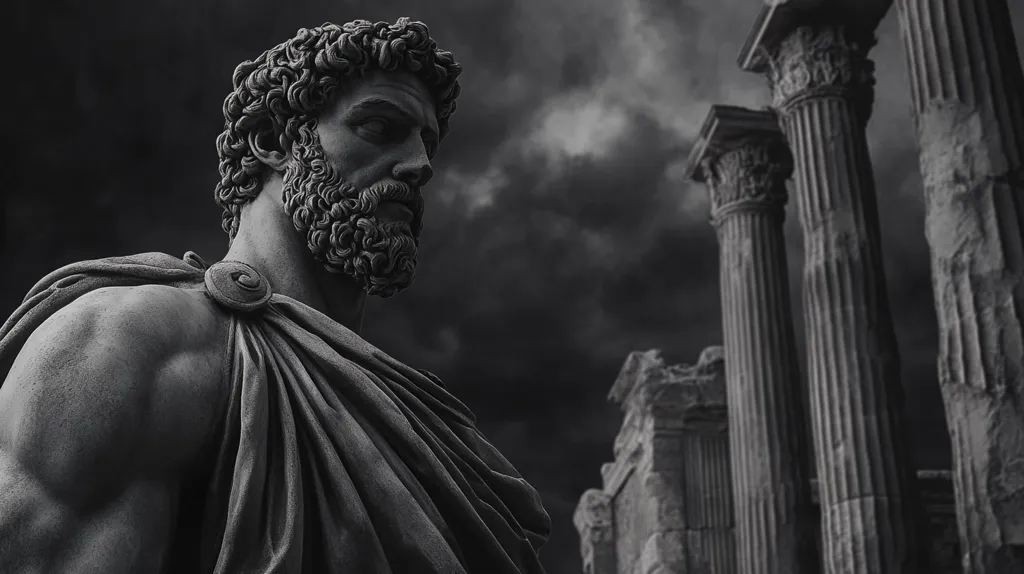 Here's a description of the image:

The black and white image showcases a detailed close-up of a classical statue, possibly Roman, depicting a muscular man with a beard and curly hair, draped in a toga. His expression is serious and contemplative. The statue is positioned against a backdrop of dramatic, dark clouds and the ruins of ancient columns and architecture, suggesting a setting of decay and age. The contrast between the smooth texture of the statue and the rough, crumbling stone of the ruins creates a compelling visual narrative of time and history. The overall mood is somber and evocative of power and the passage of time.