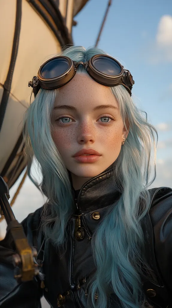 Close-up portrait of a young woman with long, flowing teal hair. She's wearing a black leather jacket and large, bronze steampunk-style goggles perched on her head.  Her pale skin is lightly freckled, and her blue eyes are striking against the dark clothing. The background is blurry, hinting at an outdoor setting, possibly a ship or large structure. The overall aesthetic is one of futuristic fantasy or steampunk.