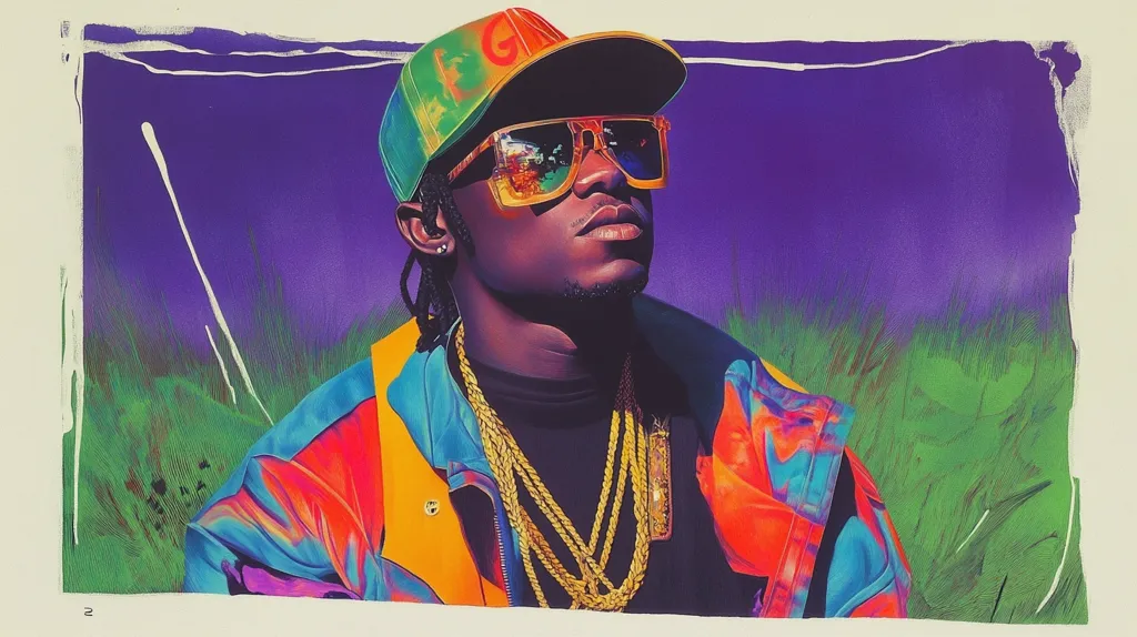 A stylized portrait of a man, possibly a rapper, is presented.  He's depicted wearing vibrant, multicolored clothing—a jacket with shades of turquoise, orange, and pink—and large, yellow-tinted sunglasses.  A multicolored baseball cap sits atop his head, and multiple gold chains adorn his neck. His braided hair and serious expression add to the image's bold, almost graphic-novel-like aesthetic. The background is a blend of purple and textured green, suggesting a grassy field. The overall style is reminiscent of 80s or 90s hip-hop imagery.