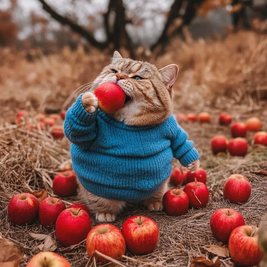 Here's a description of the image:

A chubby, light brown tabby cat, dressed in a blue sweater, stands amidst a scattering of red apples on dry, straw-like ground.  The cat is biting into a red apple, its expression a blend of determination and enjoyment.  The background is blurred but shows autumnal foliage, suggesting a fall setting. The overall scene is charming and whimsical, highlighting the contrast between the cat's attire and the natural surroundings.  The focus is sharply on the cat, making it the clear centerpiece of the image.
