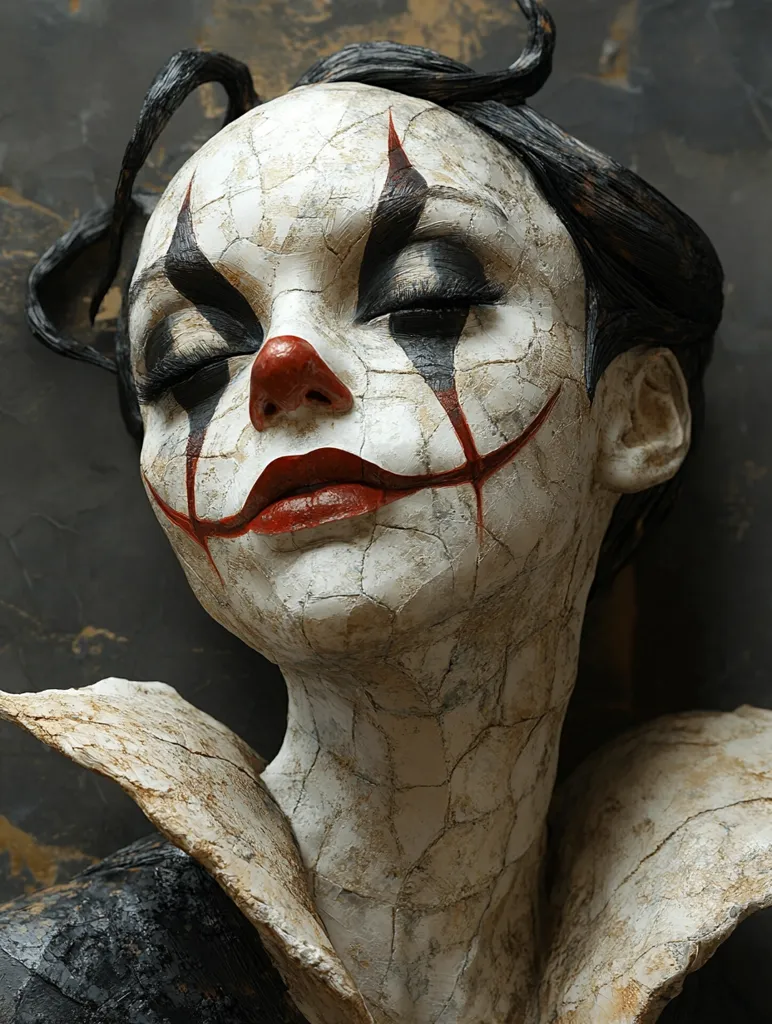 Here's a description of the image:

The image shows a detailed close-up of a sculpted bust of a woman styled as a clown.  Her face is painted white with red and black detailing, creating a cracked, almost decaying effect.  The eyes are closed, and the red lips are slightly parted in a serene, yet unsettling smile. The sculpture's surface texture is rough and uneven, mimicking aged or weathered stone. Her dark hair is styled in an updo.  The bust wears a sculpted collar that matches the distressed aesthetic of the face. The overall style is dark, artistic, and slightly macabre.