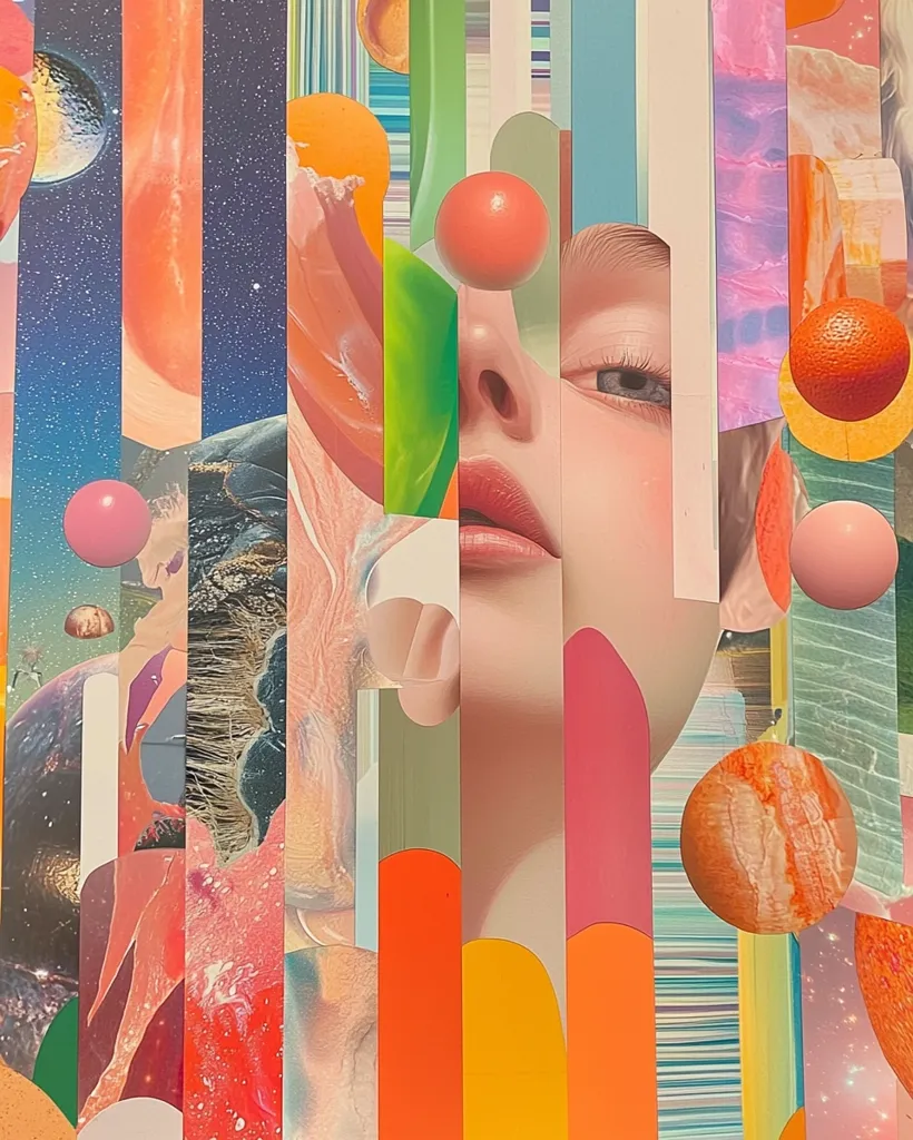 Here's a description of the image:

The artwork is a vibrant collage featuring a fragmented female face as its central element.  The face is rendered realistically, yet seamlessly integrated into a background of bold, geometric shapes and surreal imagery.  These elements include stripes of various colors, planets or celestial bodies, abstract organic forms resembling candy or paint swirls, and smooth spheres in shades of orange and pink. The overall color palette is warm, with oranges, pinks, and yellows dominating, contrasted by cooler greens and blues. The composition is complex and layered, creating a visually stimulating and dreamlike effect.  The style blends realism with surrealism and abstract elements, resulting in a captivating and unique piece.