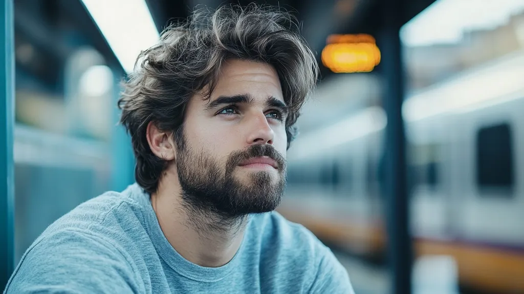 Here's a description of the image:

Close-up view of a young man with shoulder-length, wavy light brown hair and a full, well-groomed beard.  He has light eyes and a contemplative expression, looking slightly upward and off to the side. He's wearing a simple, light blue crew-neck sweatshirt. The background is blurred, suggesting an outdoor setting possibly at a train station, with hints of metal structures and a train car out of focus. The overall mood is pensive and somewhat melancholic, with a focus on the man's features and expression.