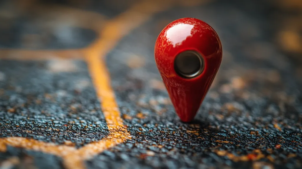 A close-up shot reveals a miniature, glossy red map marker situated on a dark, textured surface.  The surface appears to be asphalt or a similar material, with faint orange lines suggesting a road or map pattern.  The marker is sharply in focus, contrasting with the blurred background, emphasizing its small size and the detail of its reflective surface. The image evokes a sense of location, navigation, or journey.
