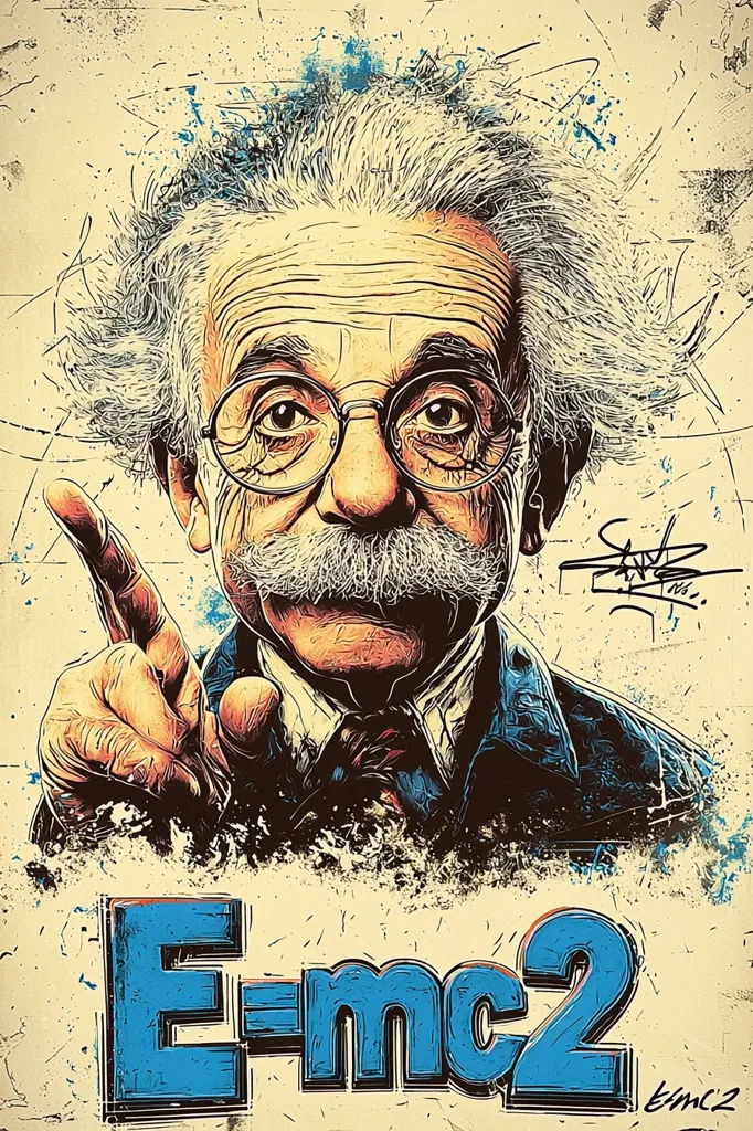 Here's a description of the image:

The image is a stylized portrait of Albert Einstein, rendered in a vibrant, textured style reminiscent of graffiti art or pop art.  Einstein is depicted with his iconic wild hair, mustache, and round glasses. He's gesturing with one finger, as if making a point. The background features a distressed, grunge-like texture with splashes of color, creating a dynamic and energetic effect.  Prominently displayed beneath Einstein is his famous equation, E=mc², rendered in bold, blue, 3D-style lettering, further reinforcing the subject matter. The overall feel is bold, expressive, and celebratory of Einstein's scientific genius.
