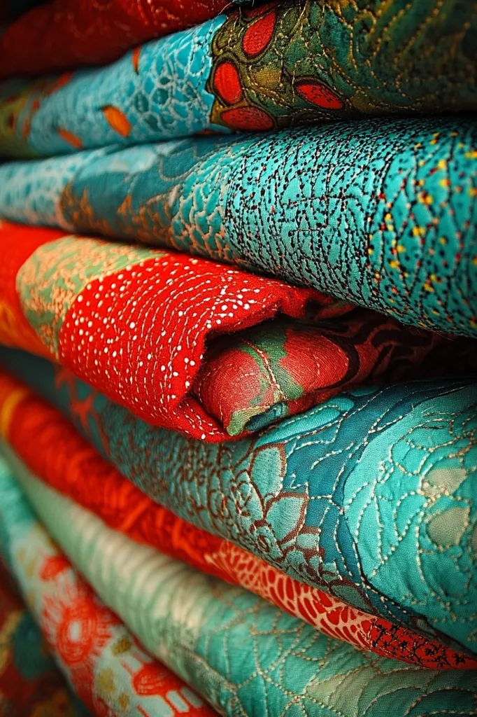 A close-up shot reveals a stack of vibrantly colored fabrics, predominantly teal and red.  The textiles are intricately patterned and quilted, showcasing a variety of floral and abstract designs.  The rich textures and colors create a visually appealing display, suggesting a collection of quilting materials or finished pieces. The fabrics are folded neatly, creating a visually appealing depth and layering effect.