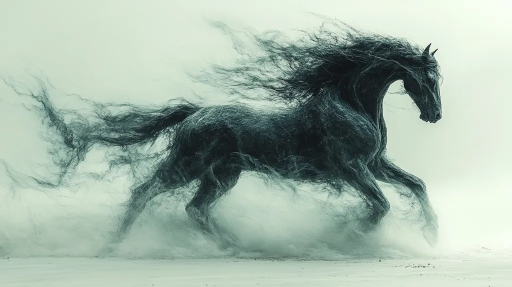 A stylized image depicts a black horse in motion, its mane and tail flowing dramatically like wisps of smoke or dark clouds.  The horse appears to be running across a light-colored, sandy surface, kicking up a hazy mist. The overall effect is ethereal and almost otherworldly, with a muted, desaturated color palette enhancing the mystical atmosphere.  The focus is on the horse's powerful movement and the surreal texture of its flowing hair.