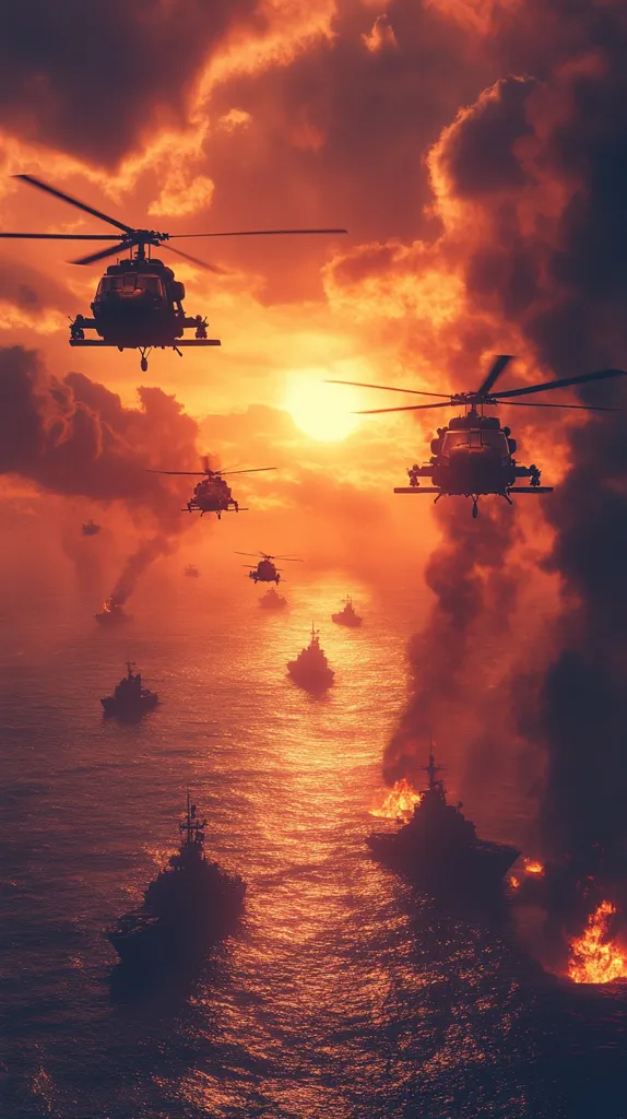 Here's a description of the image:

A dramatic sunset casts an orange glow over a fleet of naval ships at sea. Several ships are engulfed in flames, emitting plumes of black smoke.  Above, a formation of military helicopters flies in a line, silhouetted against the fiery sky. The scene evokes a sense of intense military action, possibly a naval battle or attack. The overall atmosphere is one of conflict and destruction, highlighted by the contrast between the burning ships and the majestic sunset.