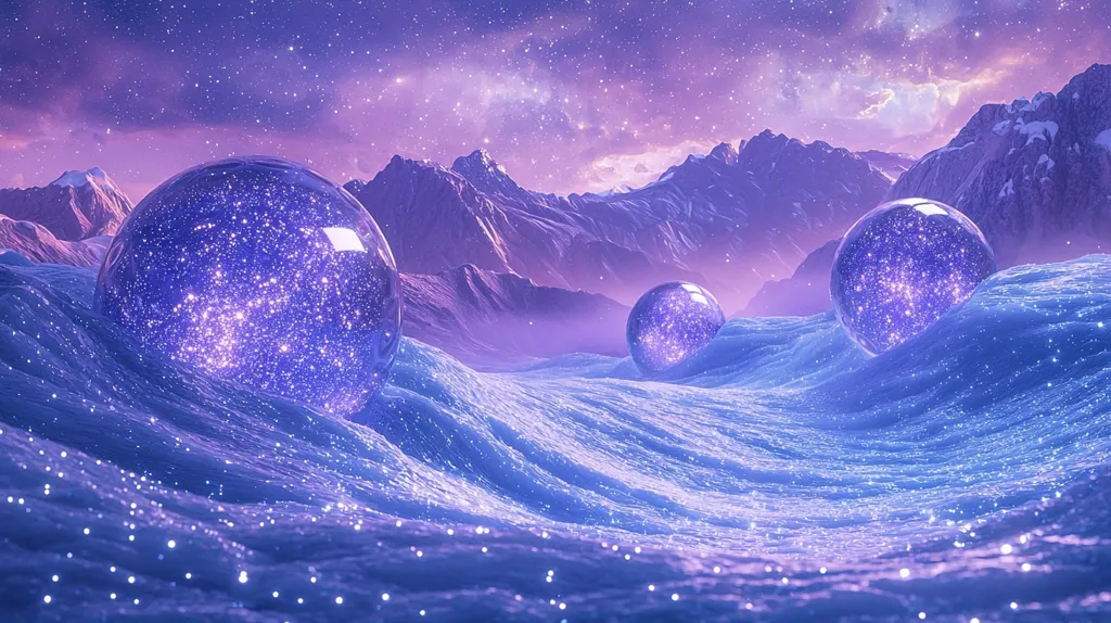 A breathtaking digital artwork depicts a serene, otherworldly landscape.  Three large, transparent spheres, each filled with a miniature galaxy of sparkling purple and blue light, rest on a gently undulating surface resembling ice or snow.  These luminous orbs are set against a backdrop of majestic purple mountains under a twilight sky scattered with stars.  The overall color palette is dreamy and ethereal, creating a mystical and peaceful atmosphere.