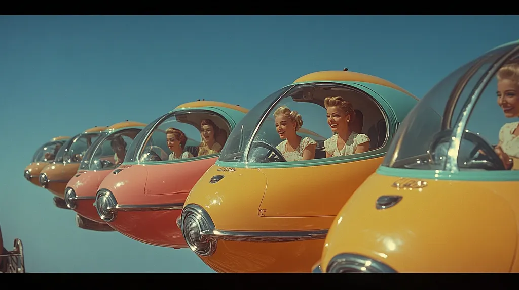 A vibrant, retro-futuristic image shows a line of pastel-colored, bubble-shaped cars.  Each car is occupied by a stylish woman in 1950s attire, smiling and seemingly enjoying a ride. The cars are in a row, decreasing in size as they recede into the distance against a clear blue sky. The overall aesthetic is whimsical and evokes a sense of optimism and carefree fun.