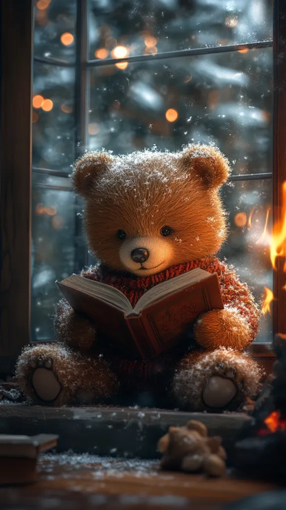 A fluffy brown teddy bear, dusted with snow, sits in a cozy window seat, engrossed in a book.  Soft, warm light from a nearby fireplace and blurred Christmas lights outside create a magical, wintery atmosphere. The bear wears a red sweater, adding to the festive scene.  Snowflakes gently fall outside, enhancing the enchanting, heartwarming image.