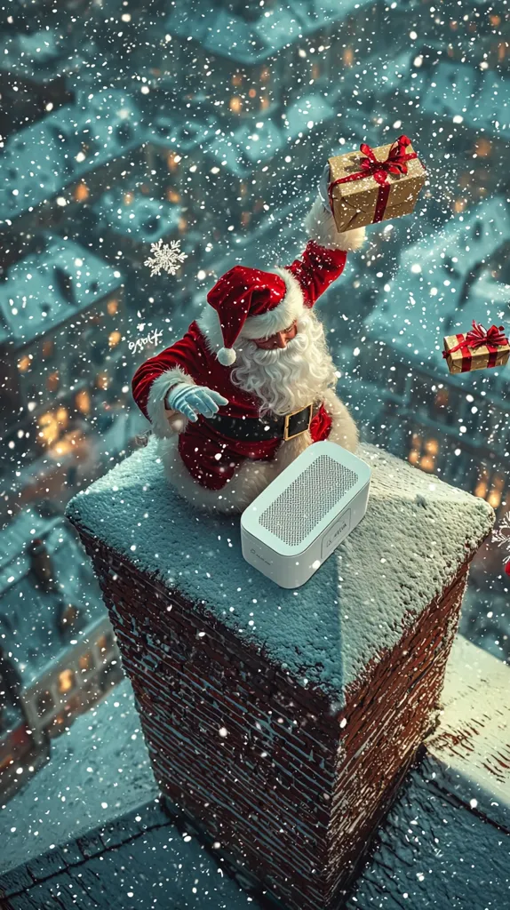 Here's a description of the image:

A whimsical Christmas scene depicts Santa Claus perched atop a snow-covered brick chimney.  He's joyfully holding aloft a wrapped gift, amidst a flurry of falling snow.  More presents drift through the air nearby.  Below Santa sits a small, white rectangular device, possibly a speaker. The background reveals a softly lit, snow-dusted cityscape, creating a magical, festive atmosphere. The overall mood is cheerful and slightly surreal.