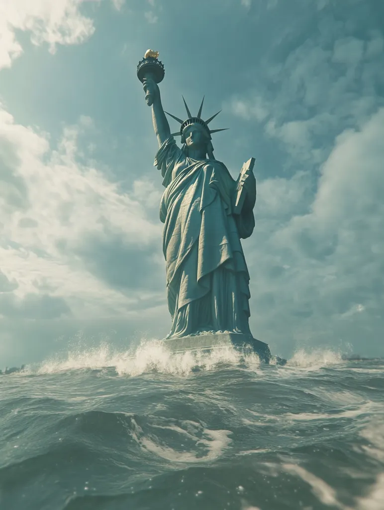The Statue of Liberty stands partially submerged in a turbulent sea under a cloudy sky.  Waves crash against its base, emphasizing the dramatic scene. The statue's weathered appearance adds to the sense of struggle and potential environmental disaster. The image evokes feelings of vulnerability and the impact of powerful natural forces.  The color palette is muted and slightly desaturated, enhancing the somber mood.