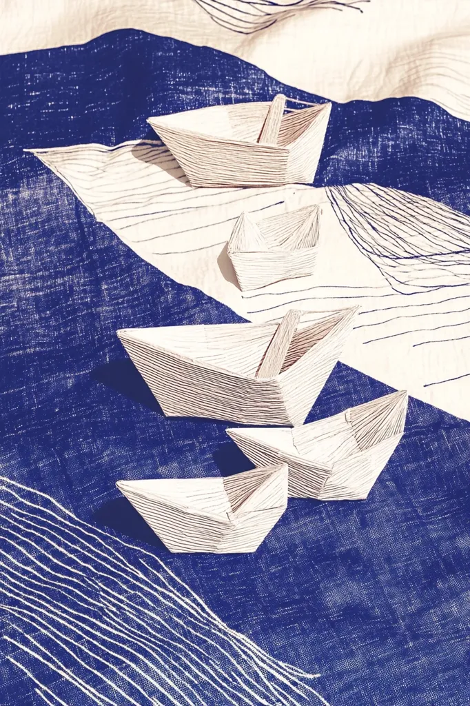 Four small, intricately folded paper boats are arranged on a textured fabric. The boats are off-white, appearing to be made of layered paper or fabric. They are positioned in a cascading formation, with the largest boat at the top. The fabric beneath is a striking contrast of blue and off-white, with a wave-like pattern, suggesting a sea or ocean theme. The overall image creates a serene and artistic impression.