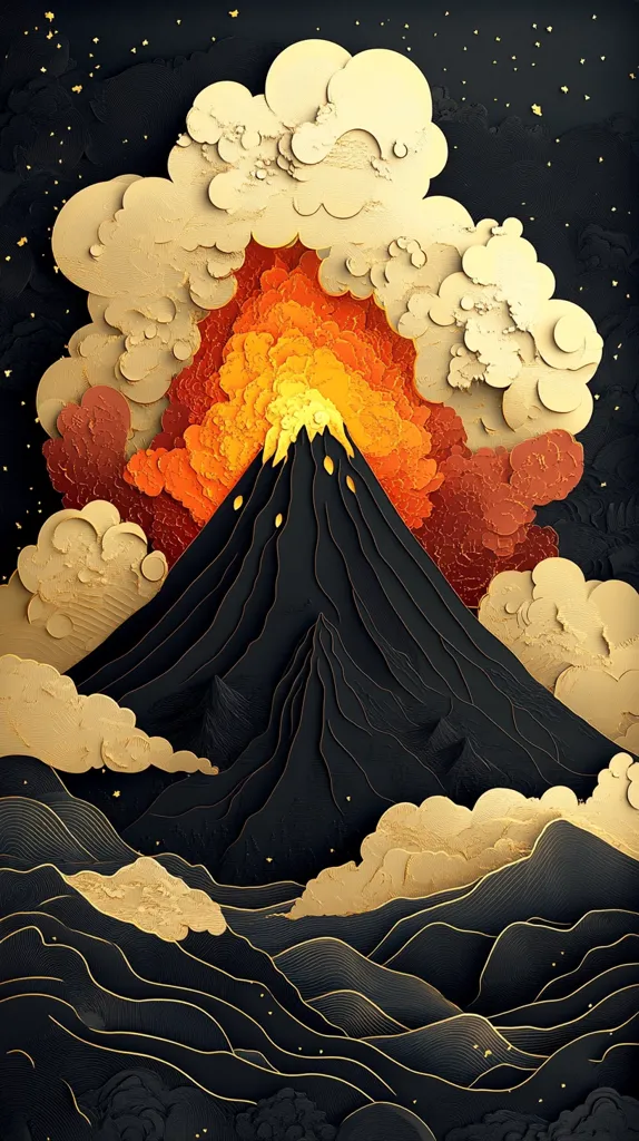This image is a stylized depiction of a volcano erupting. The volcano is dark, almost black, with deeply layered, paper-like folds suggesting texture and depth. The eruption is rendered in fiery oranges and reds, transitioning into creamy gold clouds that fill the upper portion of the image. The clouds and landscape below are rendered with the same layered, paper-like style, creating a three-dimensional, almost sculptural effect. Gold accents are used throughout, adding a touch of elegance and contrast to the dark background. The overall aesthetic is reminiscent of Japanese art or paper cutting techniques.