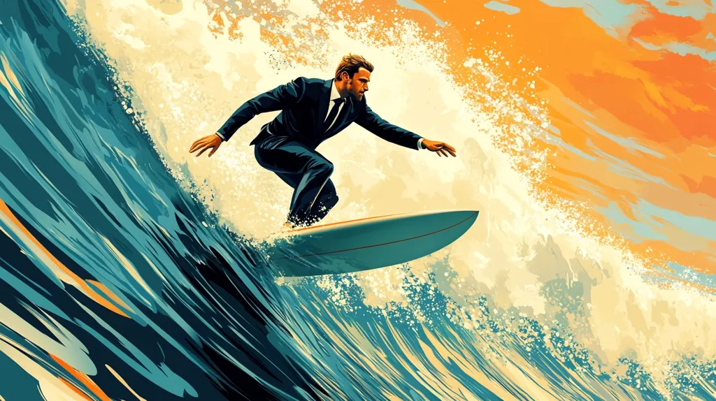 The image is a stylized illustration of a man in a business suit surfing a large wave.  He is depicted with a focused expression, riding the wave with skill. The wave is powerfully rendered in shades of teal and blue, contrasting with an orange and yellow sky. The overall style is vibrant and dynamic, suggesting a blend of corporate world intensity and the freedom of surfing. The art is likely a metaphor for navigating challenges and finding balance in life.