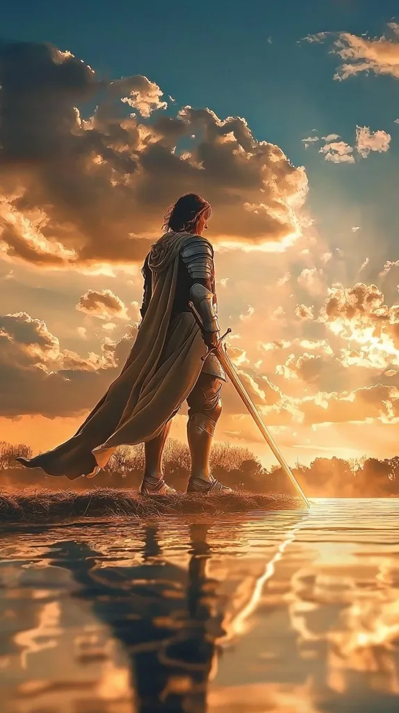 A lone knight, clad in armor and a flowing cape, stands on a small island at sunset.  He holds a long sword, its reflection shimmering on the calm water.  The sky is ablaze with fiery oranges and yellows, contrasted by dark, brooding clouds. The scene evokes a sense of solitude, perhaps a moment of reflection or contemplation after a battle or quest.  The knight's back is to the viewer, adding to the mysterious atmosphere.
