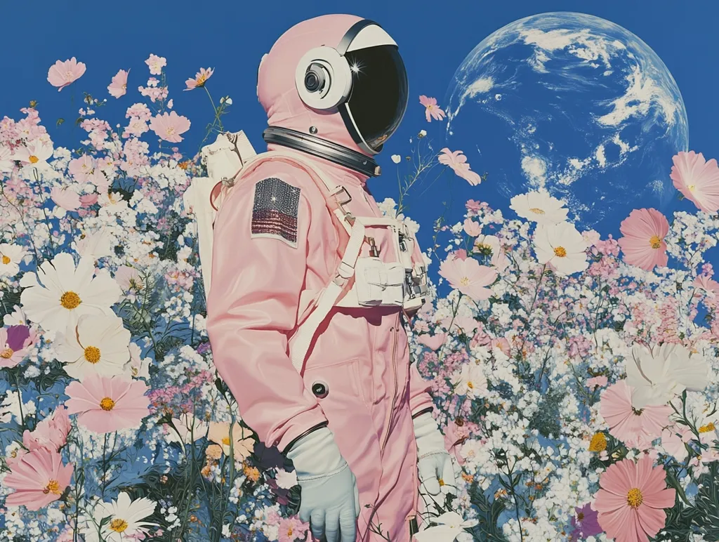 Here's a description of the image:

A surreal and dreamlike image depicts a pink astronaut, seemingly female, standing amidst a vibrant field of pink and white cosmos flowers against a backdrop of a bright blue sky and a partially visible Earth. The astronaut's suit features a small, sparkly American flag patch. The overall tone is whimsical and peaceful, juxtaposing the futuristic space suit with the delicate beauty of nature.  The Earth in the background is slightly blurred, adding to the ethereal quality of the scene.