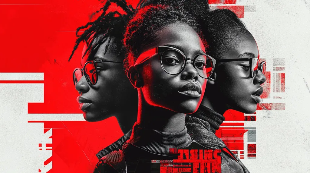 The image is a stylized portrait of two young Black women, their faces in profile, one slightly behind the other.  They wear glasses and have textured hair. The style is bold and graphic, employing a predominantly red and black color scheme with stark white geometric shapes overlaid. The overall effect is a striking, powerful visual with a modern, edgy feel.  A partially visible title or tagline is present at the bottom, suggesting a film poster or album art.