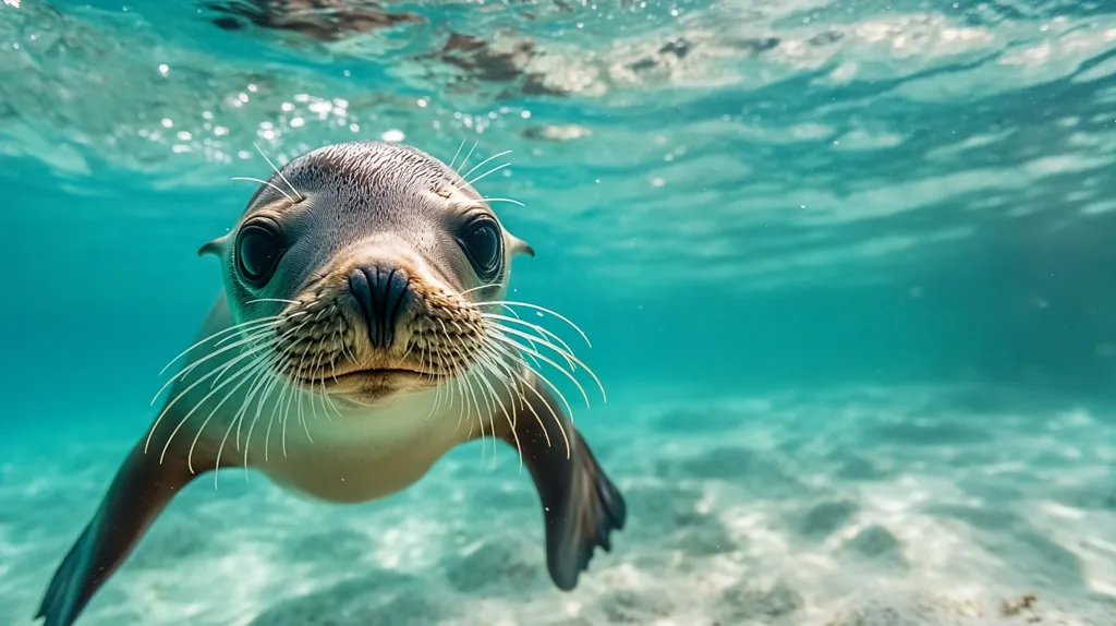 Here's a description of the image:

An underwater close-up captures a young sea lion swimming in crystal-clear turquoise water. The sea lion, the focal point of the image, gazes directly at the camera with large, expressive eyes. Its wet fur is a light brown, and its whiskers are clearly visible. The background is blurred but shows a sandy ocean floor and the shimmering surface of the water above.  The overall feeling is one of playful curiosity and a vibrant, healthy marine environment.