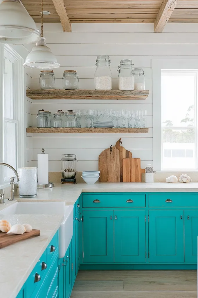 A bright, airy kitchen features teal cabinetry and rustic wooden shelves.  The shelves hold glass jars, dishes, and cutting boards.  Two white pendant lights hang above. The countertops are light-colored, complementing the white shiplap walls and wood ceiling beams.  A farmhouse-style sink and a simple, clean aesthetic create a coastal, relaxed vibe.  Seashells add a subtle beachy touch.