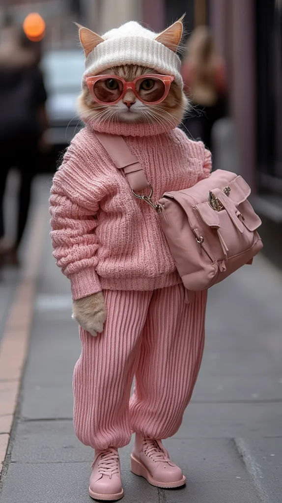Here's a description of the image:

A fluffy ginger cat is stylishly dressed in a complete pink outfit.  It wears a white knitted beanie, pink round glasses, a pink ribbed sweater, matching pants, and light pink shoes.  A pale pink crossbody bag hangs from its shoulder.  The cat stands on a sidewalk, appearing fashionable and poised against a blurry city street background.  The overall impression is one of playful sophistication.