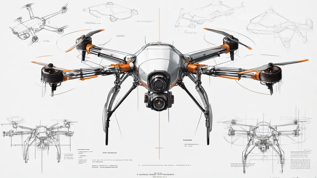 This detailed illustration showcases a futuristic drone design.  The central focus is a meticulously rendered, white and orange drone with multiple rotors and a prominent central camera.  Surrounding the main image are various sketches and diagrams, displaying different angles and perspectives of the drone's design, including detailed mechanical schematics and annotated technical specifications.  The style blends realistic rendering with hand-drawn elements, suggestive of a conceptual design phase.
