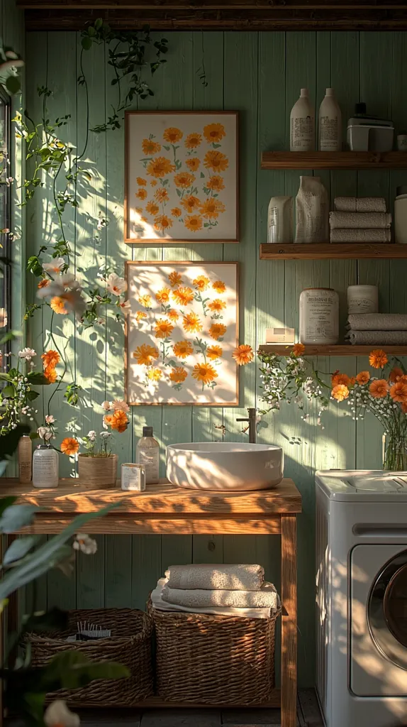 A sun-drenched bathroom or laundry room, painted a calming sage green, is adorned with botanical prints featuring orange flowers.  Wooden shelves hold toiletries and neatly folded towels.  The room is filled with lush greenery, including vines climbing the walls and potted plants, creating a serene and natural atmosphere.  A wooden vanity with a basin and woven baskets add to the rustic charm.  A washing machine sits quietly in the corner.  Sunlight streams through a window, casting dappled shadows across the space.