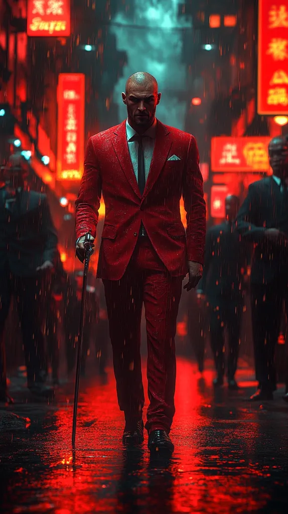 A bald man in a vibrant red suit and black shoes walks down a rain-slicked street in a neon-lit Asian city.  He carries a cane, his expression serious.  The background is a blur of red and teal lights reflecting in the wet pavement.  Other figures in dark suits are visible in the background, adding to the mysterious and cinematic atmosphere. The scene is drenched in a crimson hue.