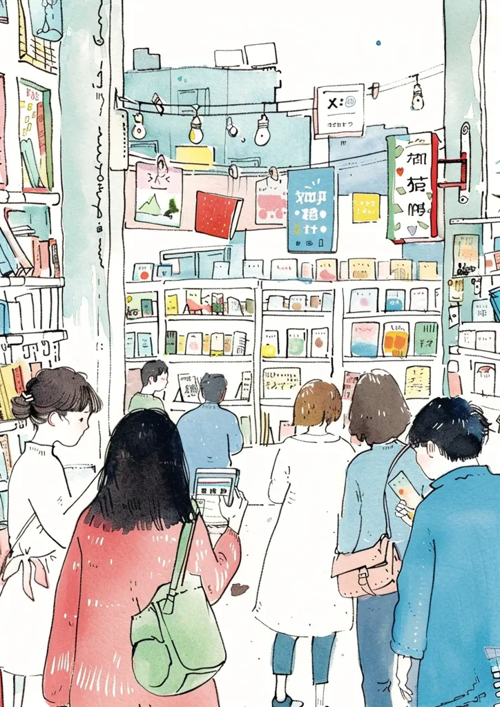 Here's a description of the image:

The illustration depicts a bustling bookstore, possibly in Japan, with numerous shelves filled with books and various merchandise.  Several young adults are browsing, some holding books or devices. The style is whimsical and light, with pastel colors and sketchy lines. Hanging signs in a mix of English and Japanese add to the atmosphere.  The overall impression is one of a charming, everyday scene in a vibrant book-filled space.
