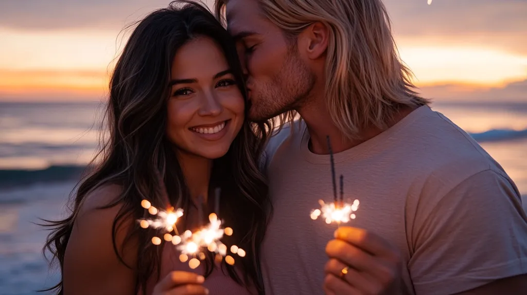 Here's a description of the image:

A romantic couple enjoys a sunset on a beach.  The man, with long blond hair, gently kisses the woman's cheek.  She has long dark hair and a radiant smile.  Both hold lit sparklers, adding to the magical, intimate atmosphere.  The warm colors of the sunset reflect in the ocean behind them, creating a beautiful backdrop to their tender moment. The overall mood is one of love, happiness, and celebration.