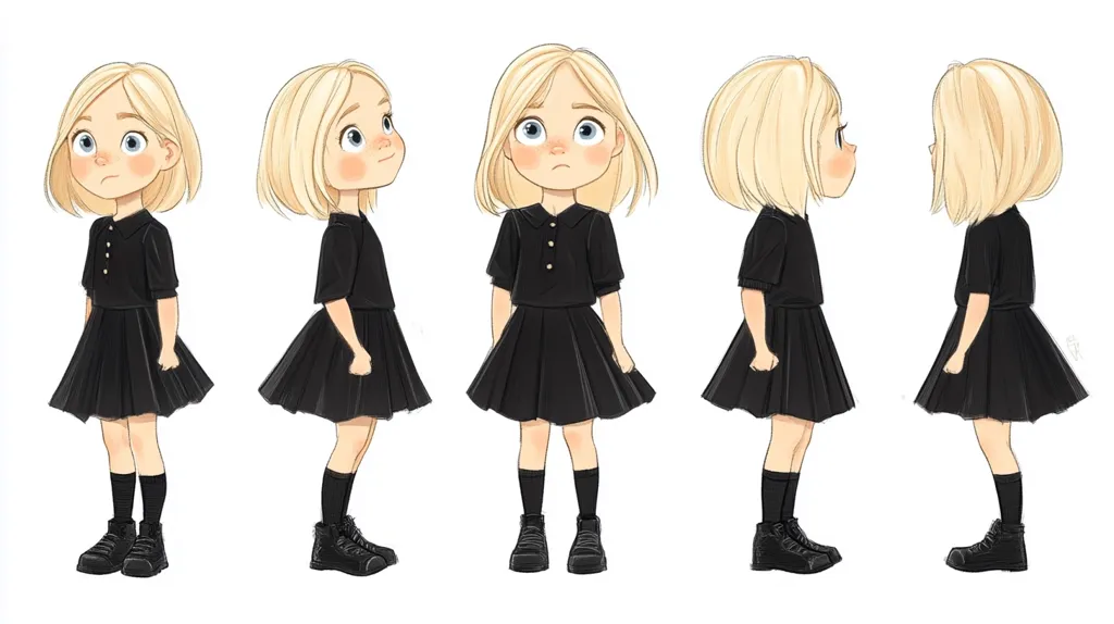 Here's a description of the image:

The illustration showcases a young girl with blonde, bobbed hair, depicted from five different angles. She's dressed in a black collared shirt and a pleated black skirt, paired with black socks and chunky black boots.  Each view presents a slightly different posture and facial expression, offering a 360-degree perspective of the character. The style is cute and cartoonish, with soft features and a slightly melancholic air.  The background is plain white, focusing attention entirely on the girl.