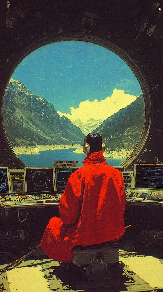 A person in a vibrant red coat sits at a control panel, headphones on, gazing out a large circular window.  The window reveals a breathtaking vista of a serene lake nestled within a dramatic mountain range under a bright blue sky. The scene is a striking blend of futuristic technology and idyllic natural beauty, creating a surreal and captivating image. The overall color palette is warm and saturated, enhancing the dreamy atmosphere.