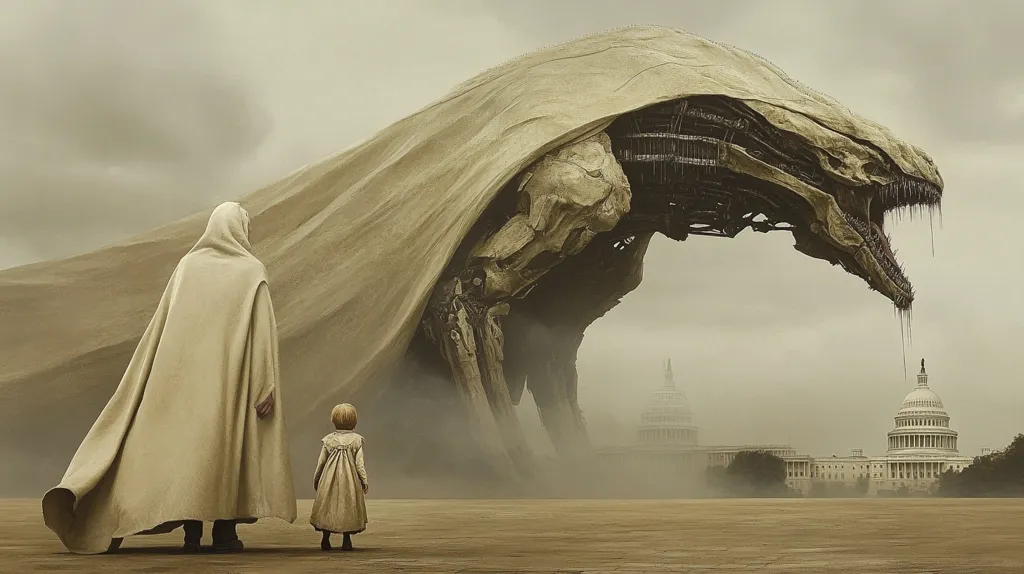A colossal, skeletal creature draped in a flowing, sand-colored shroud looms over a desolate landscape.  Two figures, an adult in a long, hooded cloak and a small child in a simple dress, stand facing the behemoth. The US Capitol Building is visible in the background, shrouded in mist, adding to the post-apocalyptic atmosphere. The overall tone is one of awe, fear, and impending doom.  The image suggests a narrative of immense scale and potential destruction.